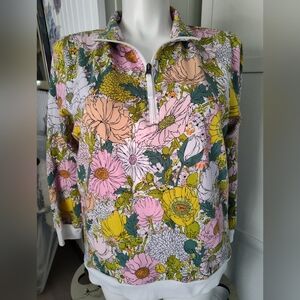 Vera Bradley French Terry Pocket Pullover Quarter Zip Bloom Boom White Sz 3X EUC
